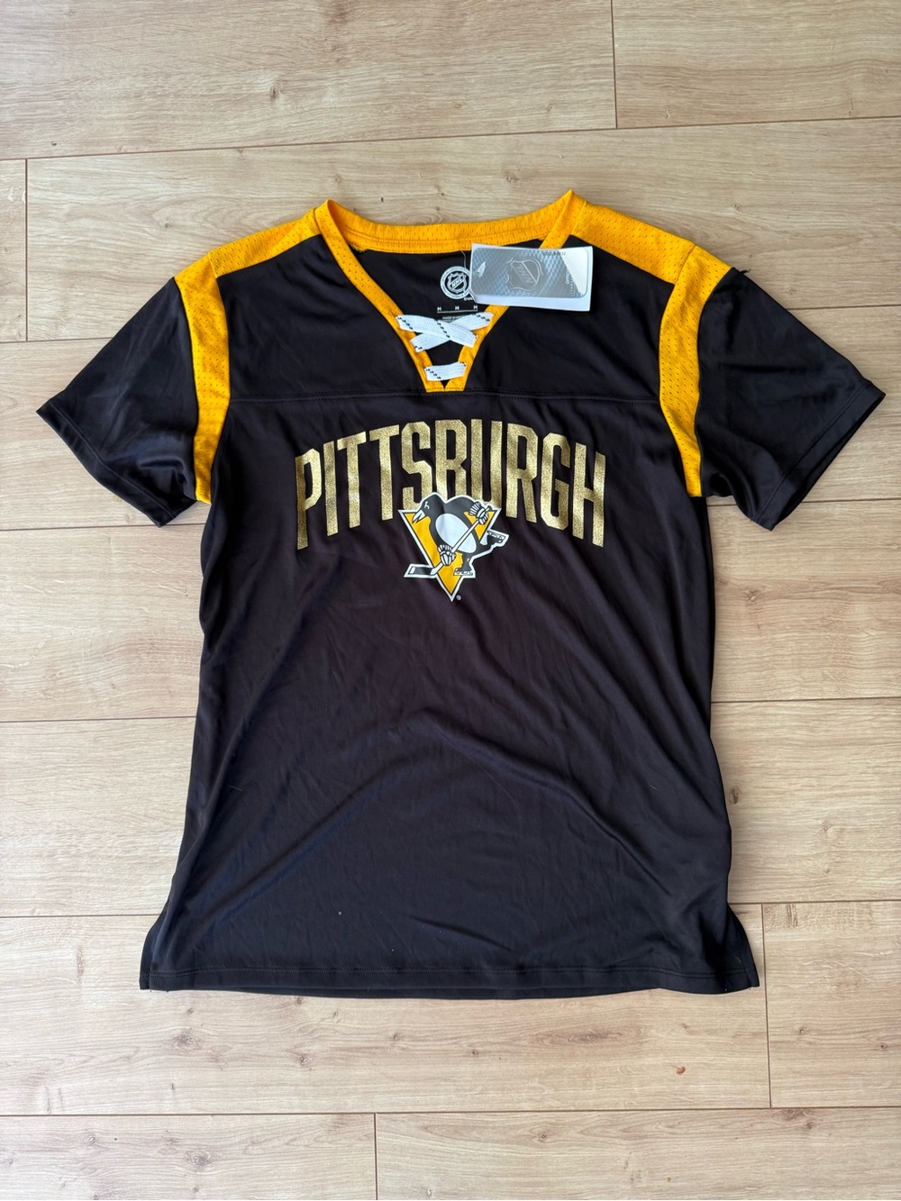 Pittsburgh Penguins Womens Hockey Jersey Shirt NHL Black Gold Lace Up NWT M